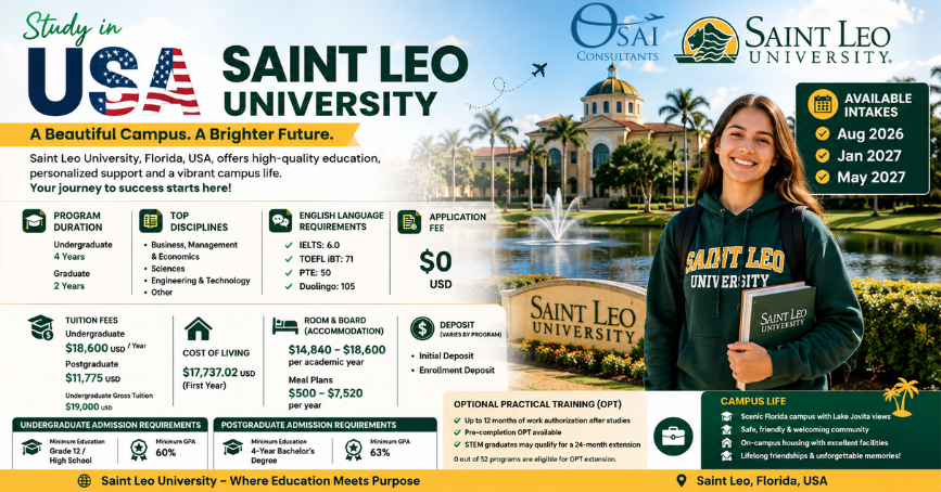 Study in USA – Saint Leo University Admission Requirements, Tuition Fees & Complete Guide